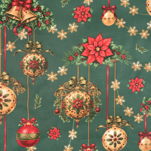 Tissu Coton Noël Guirlandes Boules Fond Vert | Laize 1m55