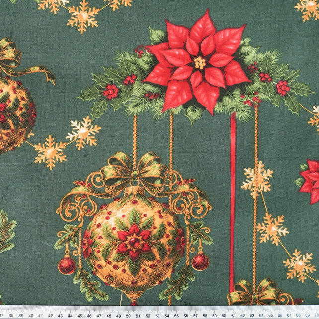 Tissu Coton Noël Guirlandes Boules Fond Vert | Laize 1m55