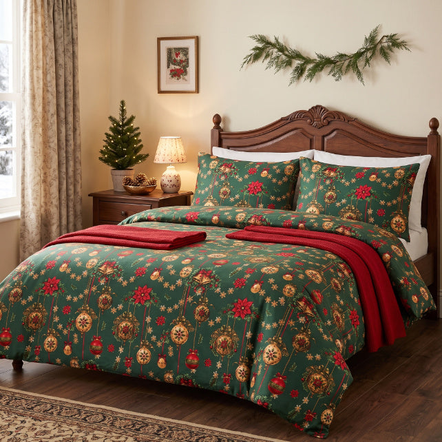 Tissu Coton Noël Guirlandes Boules Fond Vert | Laize 1m55