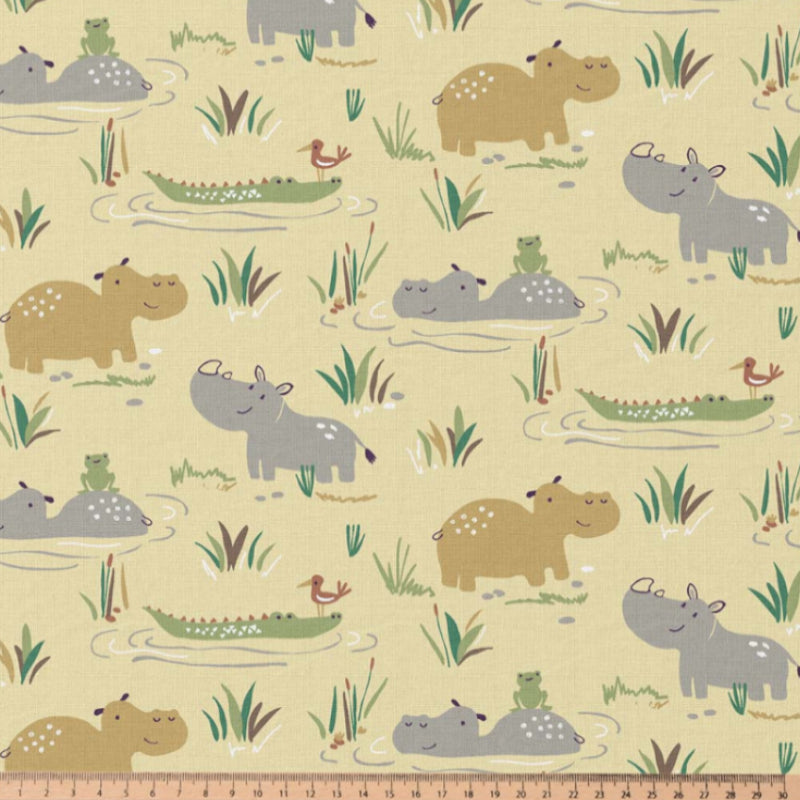 Coton Hippopotame Croco Delo Fond Jaune | 1m x 1m50