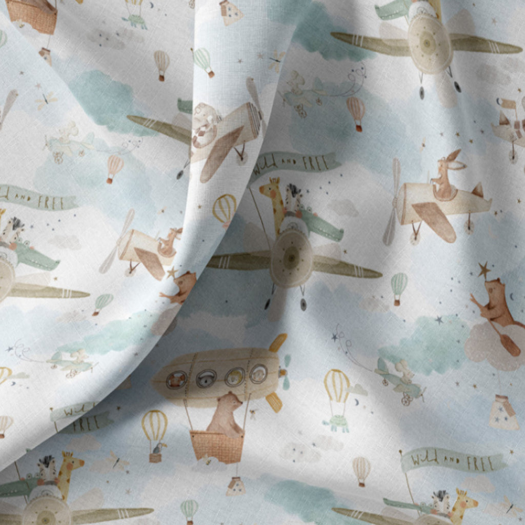 Coton Animaux dans les Airs Fond Blanc | Laize 1m50