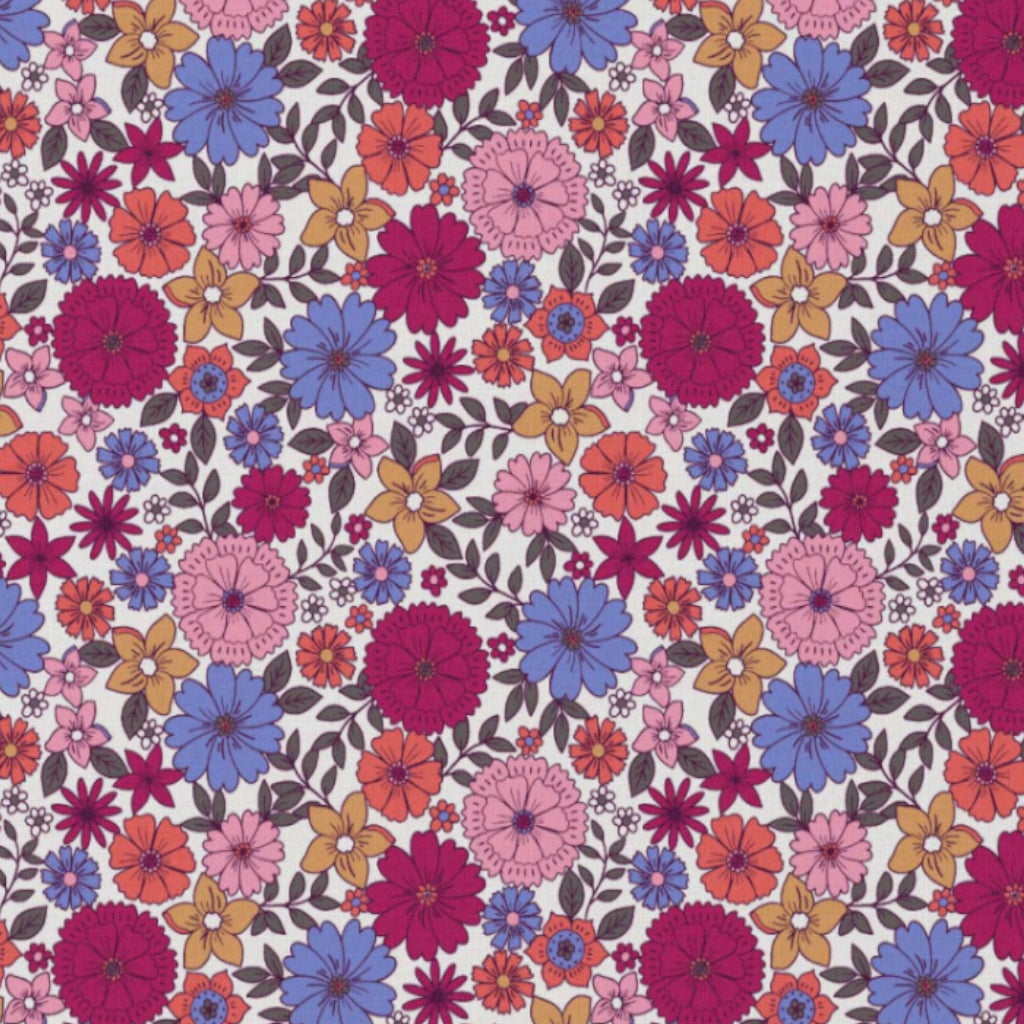 Coton Imprimé Fleurs Brigitte Pourpres Fond Blanc | Laize 1m50