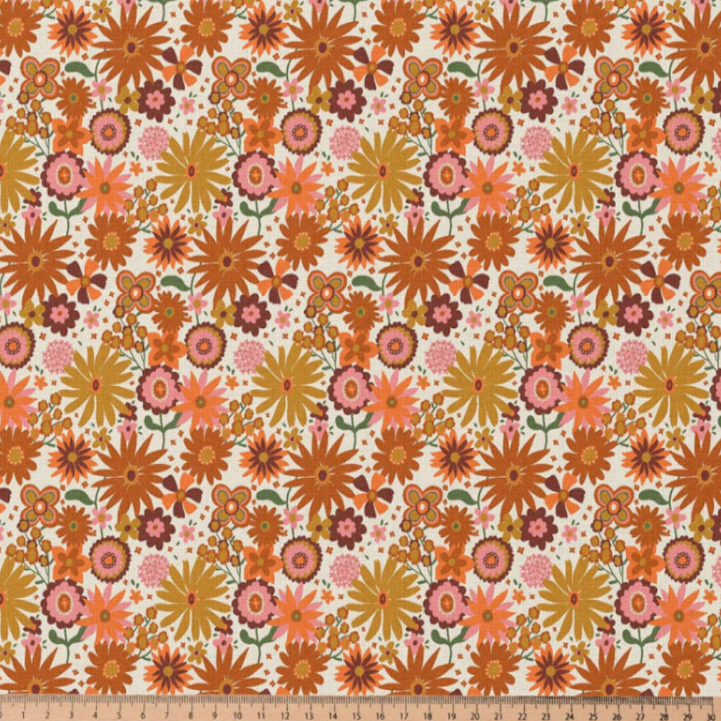 Coton Fleurs Chicorée Orange Jaune | Laize 1m50