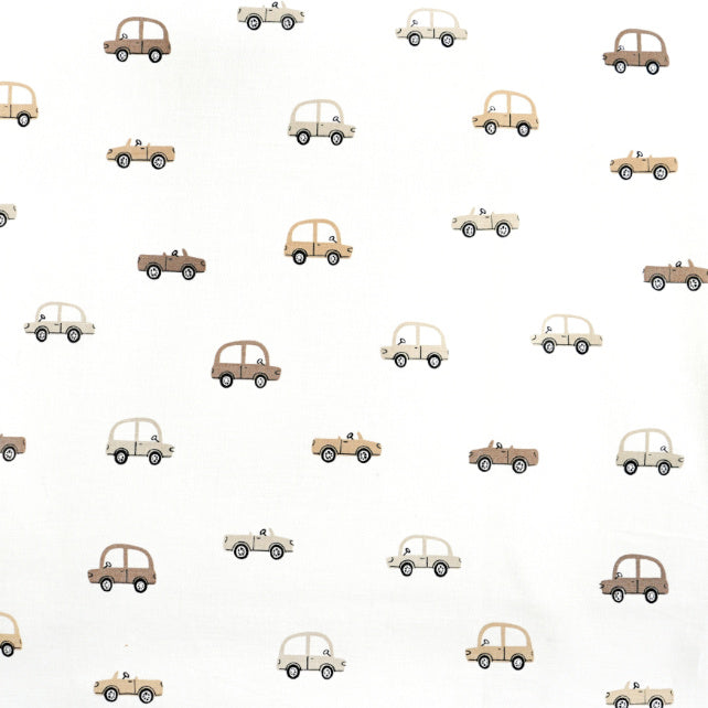 Tissu Coton Voitures Beiges Brunes Fond Blanc | Laize 1m55