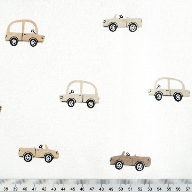 Tissu Coton Voitures Beiges Brunes Fond Blanc | Laize 1m55