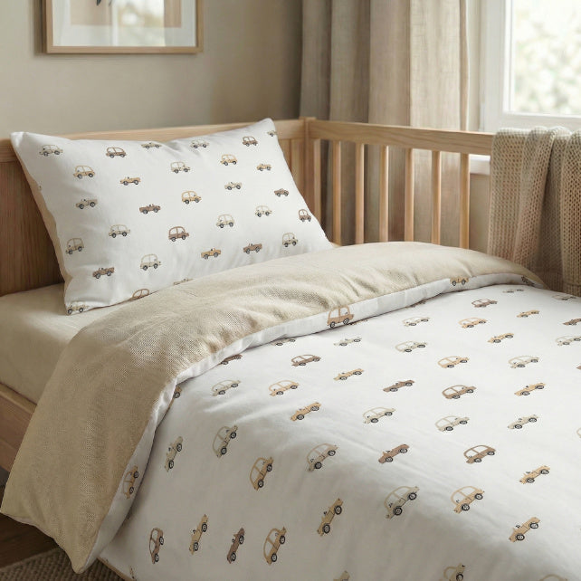 Tissu Coton Voitures Beiges Brunes Fond Blanc | Laize 1m55