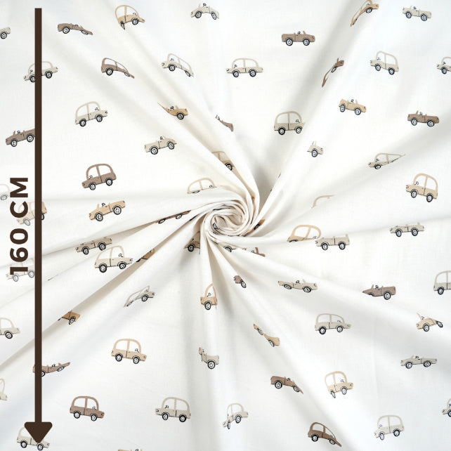 Tissu Coton Voitures Beiges Brunes Fond Blanc | Laize 1m55