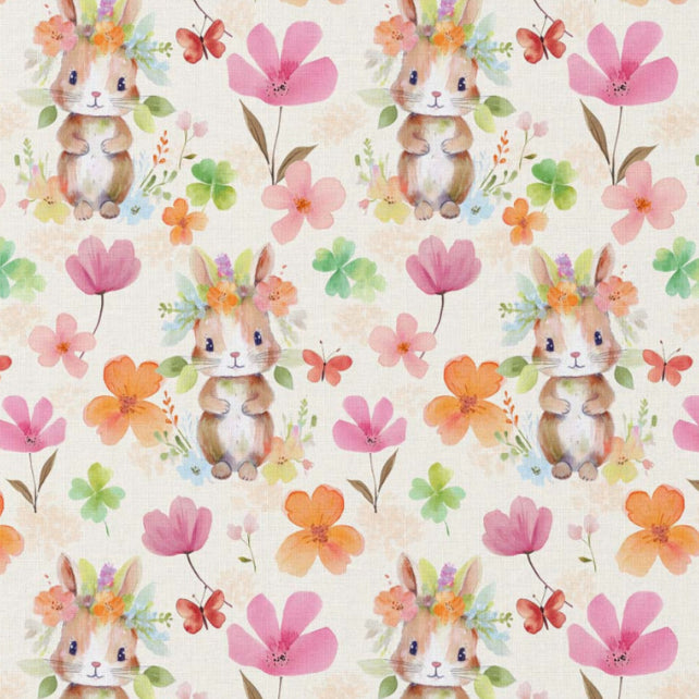 Tissu Coton Lapin Fleuri Belli Ecru Rose | Laize 1m50