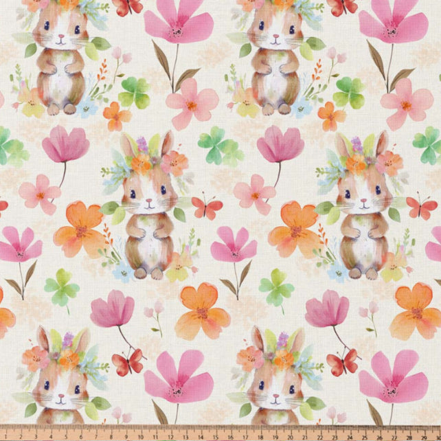 Tissu Coton Lapin Fleuri Belli Ecru Rose | Laize 1m50