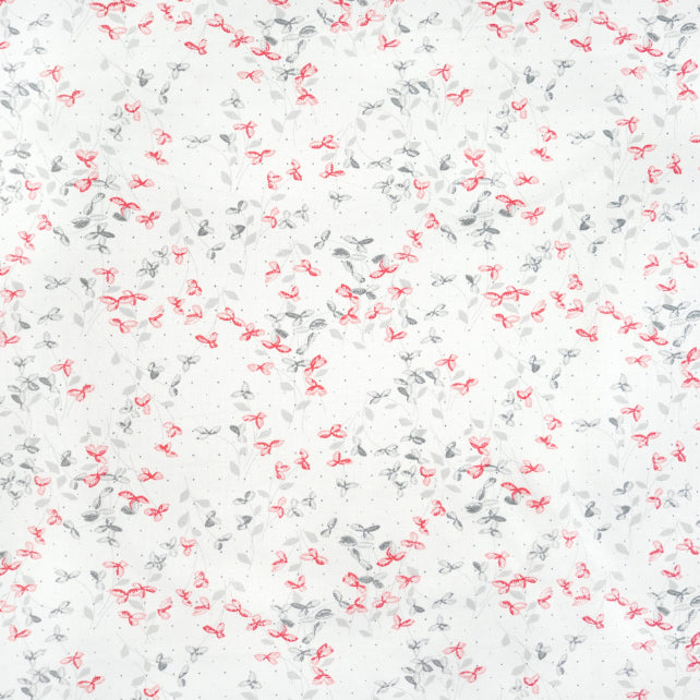 Tissu Coton Feuilles de Lierres Gris Rouge Fond Blanc | Laize 1m55