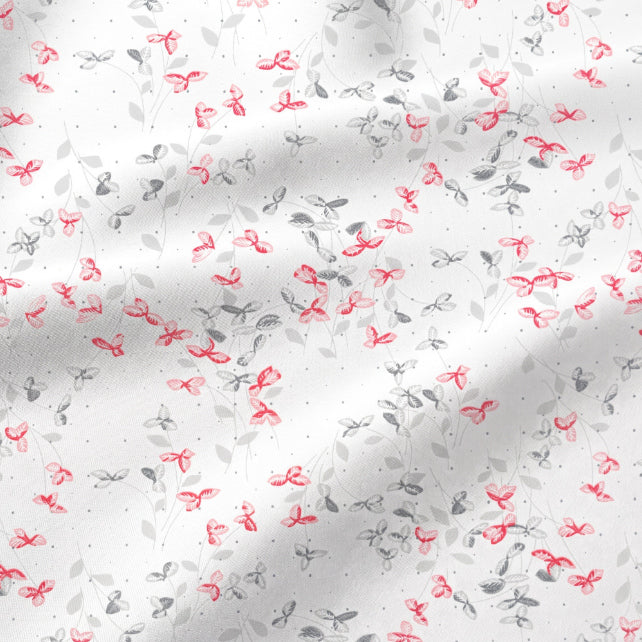 Tissu Coton Feuilles de Lierres Gris Rouge Fond Blanc | Laize 1m55