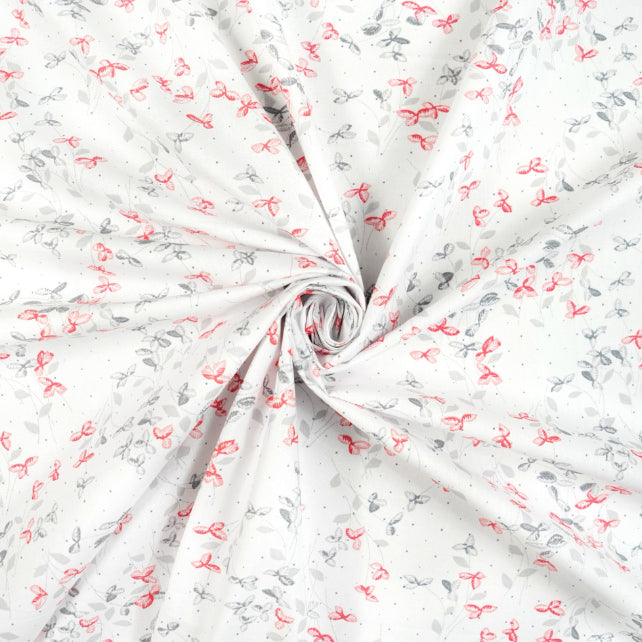 Tissu Coton Feuilles de Lierres Gris Rouge Fond Blanc | Laize 1m55