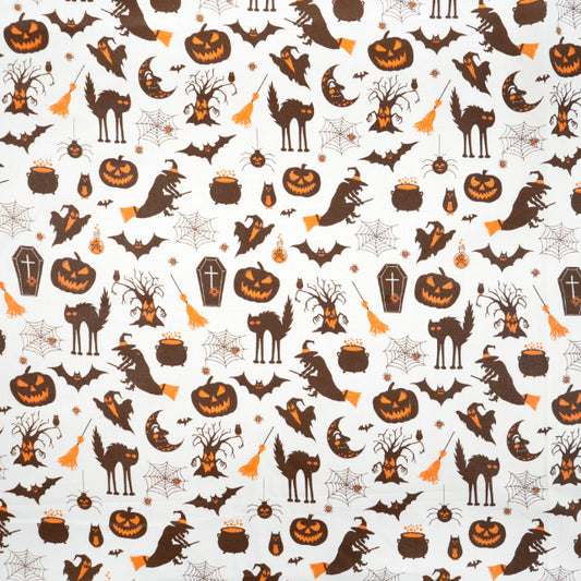 Tissu Coton Motifs Halloween Fond Blanc | Laize 1m55
