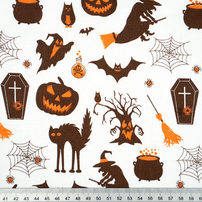 Tissu Coton Motifs Halloween Fond Blanc | Laize 1m55
