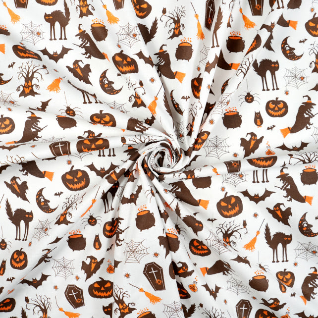 Tissu Coton Motifs Halloween Fond Blanc | Laize 1m55