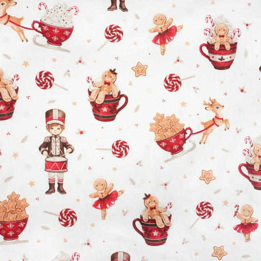 Tissu Coton Noël Pain d'Epice Lolipop Fond Blanc | Laize 1m55