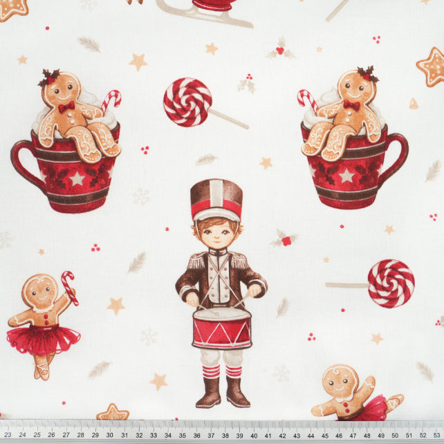 Tissu Coton Noël Pain d'Epice Lolipop Fond Blanc | Laize 1m55