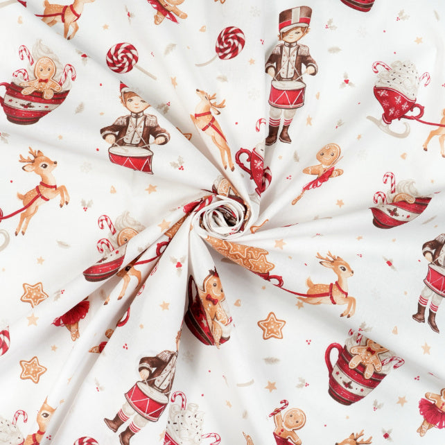 Tissu Coton Noël Pain d'Epice Lolipop Fond Blanc | Laize 1m55