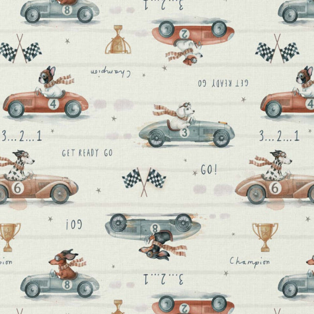 Tissu Coton Numérique Chiens Voiture de Course | Laize 1m50