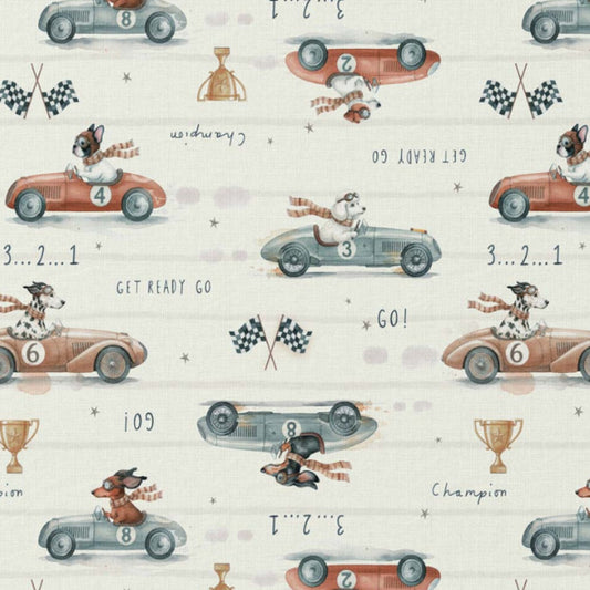 Tissu Coton Numérique Chiens Voiture de Course | Laize 1m50