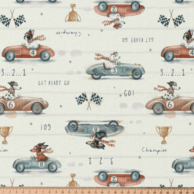 Tissu Coton Numérique Chiens Voiture de Course | Laize 1m50