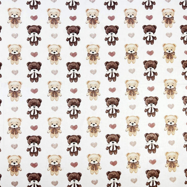 Tissu Coton Oursons et Cœurs Brun Foncé Fond Blanc | Laize 1m55