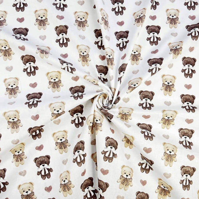 Tissu Coton Oursons et Cœurs Brun Foncé Fond Blanc | Laize 1m55