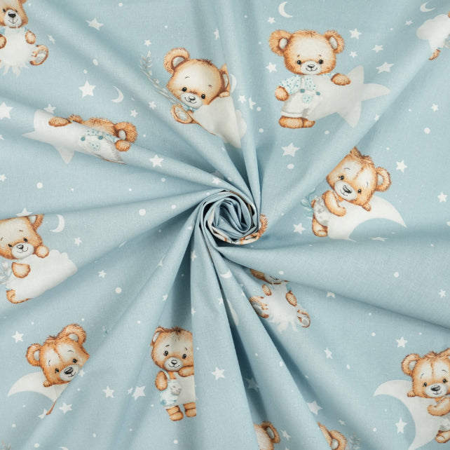 Tissu Coton Ourson Rêves Etoile Lune Fond Bleu | Laize 1m60
