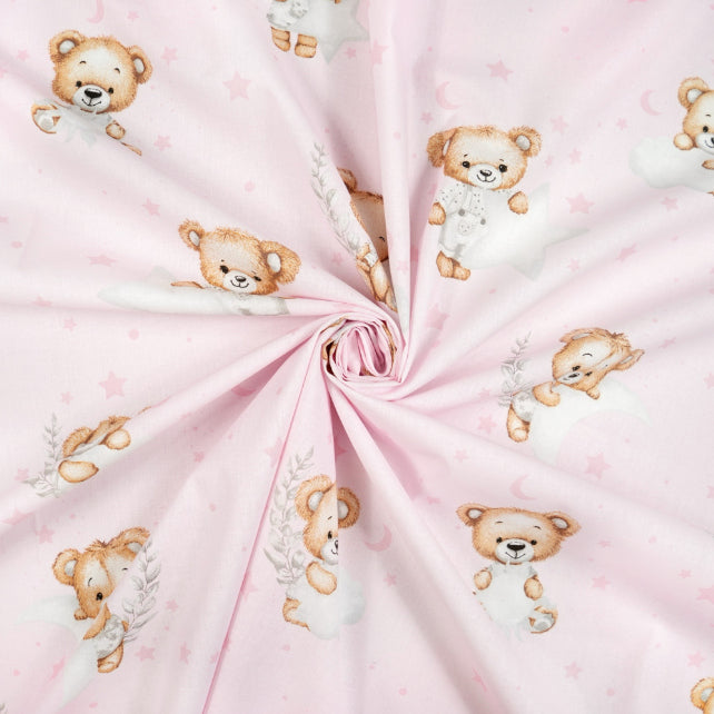 Tissu Coton Ourson Rêves Etoile Lune Fond Rose Clair | Laize 1m60