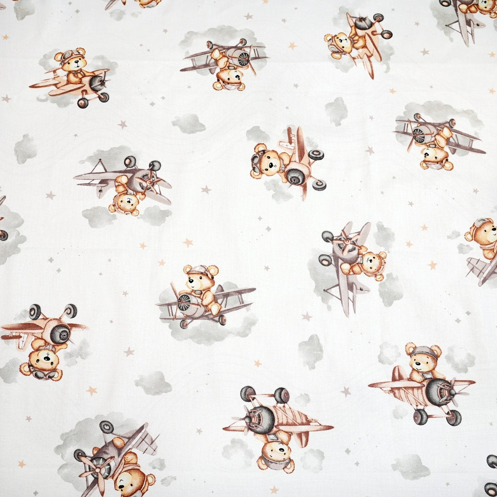 Tissu Coton Ourson Teddy Beige Pilote Fond Blanc | Laize 1m55