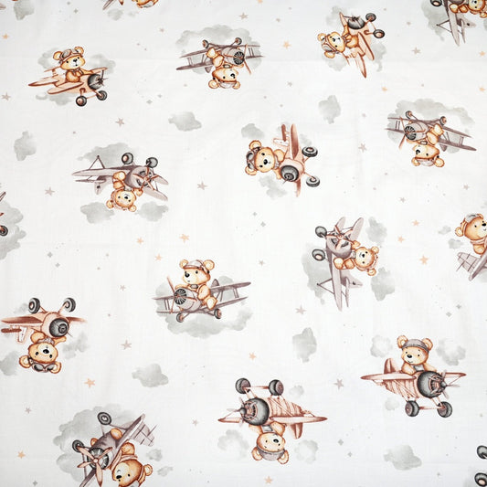 Tissu Coton Ourson Teddy Beige Pilote Fond Blanc | Laize 1m55