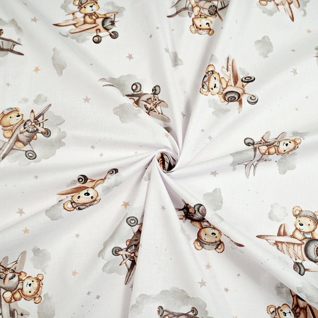 Tissu Coton Ourson Teddy Beige Pilote Fond Blanc | Laize 1m55