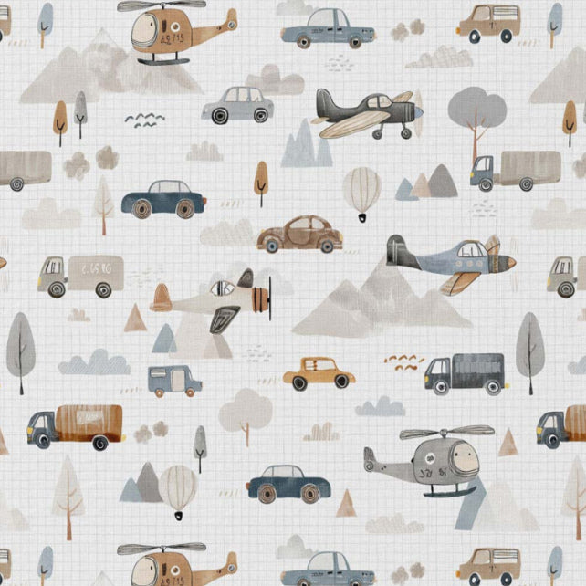Tissu Coton voyage Roadtrip Fond Blanc Carrés | Laize 1m50