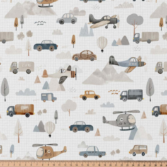 Tissu Coton voyage Roadtrip Fond Blanc Carrés | Laize 1m50