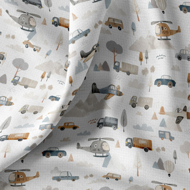 Tissu Coton voyage Roadtrip Fond Blanc Carrés | Laize 1m50
