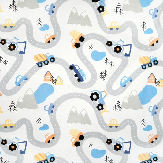 Tissu Coton Route de Montagne Véhicules Bleu | Laize 1m55