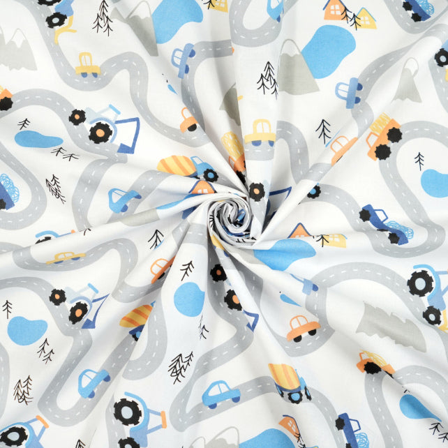 Tissu Coton Route de Montagne Véhicules Bleu | Laize 1m55