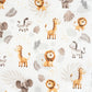 Tissu Coton Animaux Safari Monstera Fond Blanc | Laize 1m55