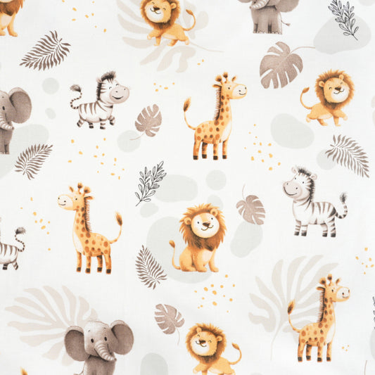 Tissu Coton Animaux Safari Monstera Fond Blanc | Laize 1m55