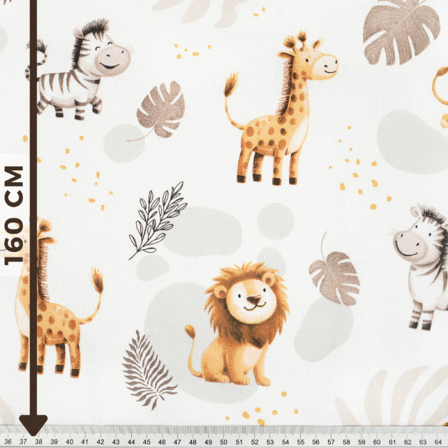 Tissu Coton Animaux Safari Monstera Fond Blanc | Laize 1m55