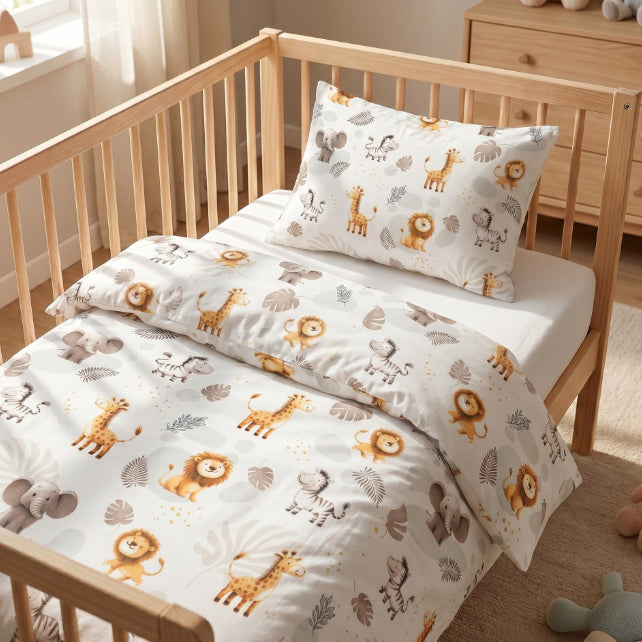 Tissu Coton Animaux Safari Monstera Fond Blanc | Laize 1m55