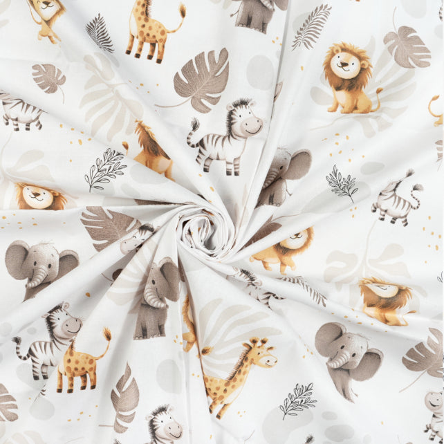 Tissu Coton Animaux Safari Monstera Fond Blanc | Laize 1m55
