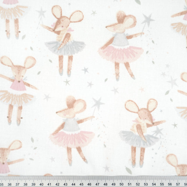 Tissu Coton Souris Ballerine Pastel Fond Blanc | Laize 1m60