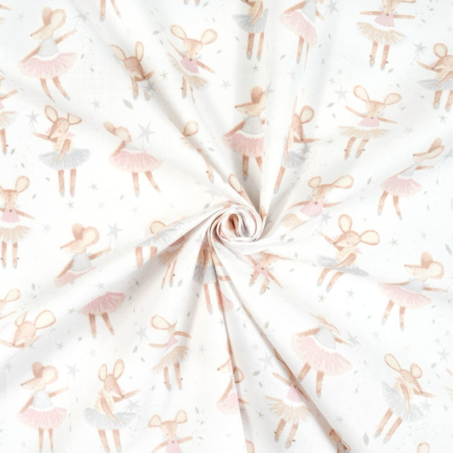 Tissu Coton Souris Ballerine Pastel Fond Blanc | Laize 1m60