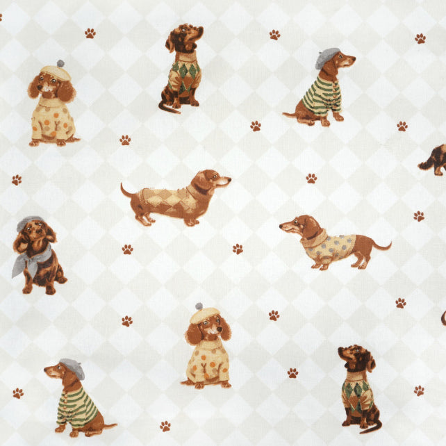 Tissu Coton Chien Teckel Carrés Blanc et Beige | Laize 1m55