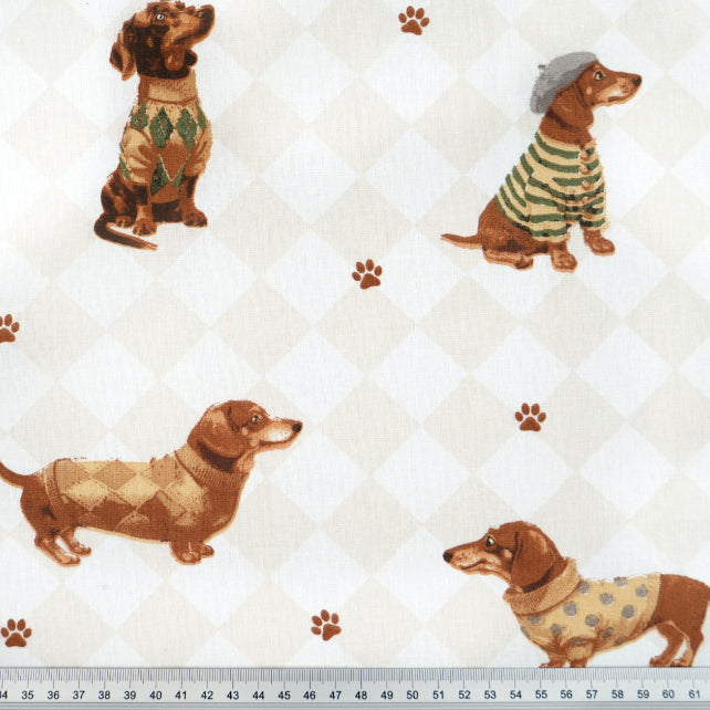 Tissu Coton Chien Teckel Carrés Blanc et Beige | Laize 1m55