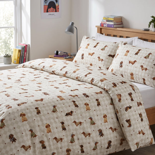 Tissu Coton Chien Teckel Carrés Blanc et Beige | Laize 1m55