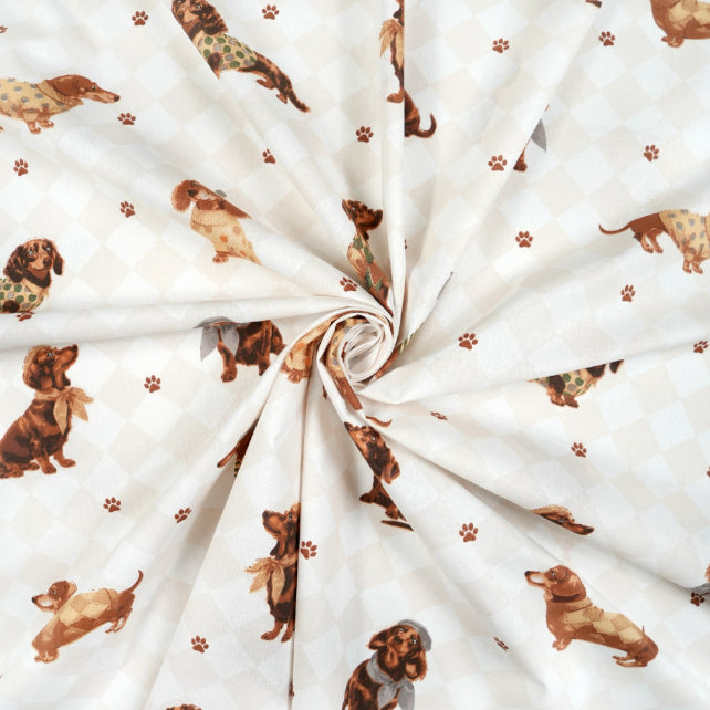 Tissu Coton Chien Teckel Carrés Blanc et Beige | Laize 1m55