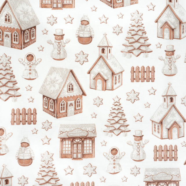Tissu Coton Noël Village de Noël Blanc Beige | Laize 1m55