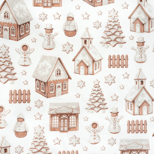 Tissu Coton Noël Village de Noël Blanc Beige | Laize 1m55